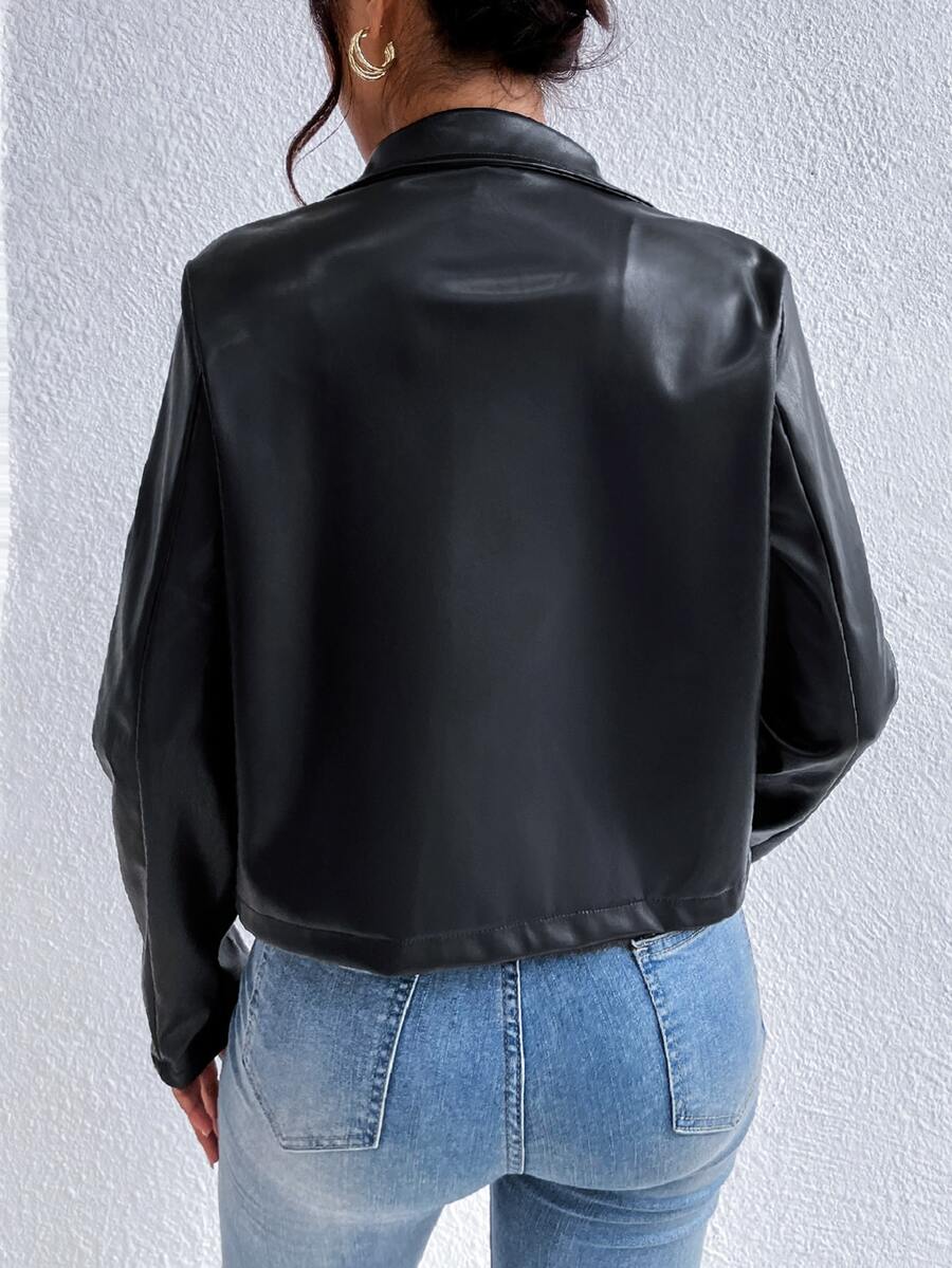 Leather Jacket for Women | Cropped Collar Chest-Pocket Black