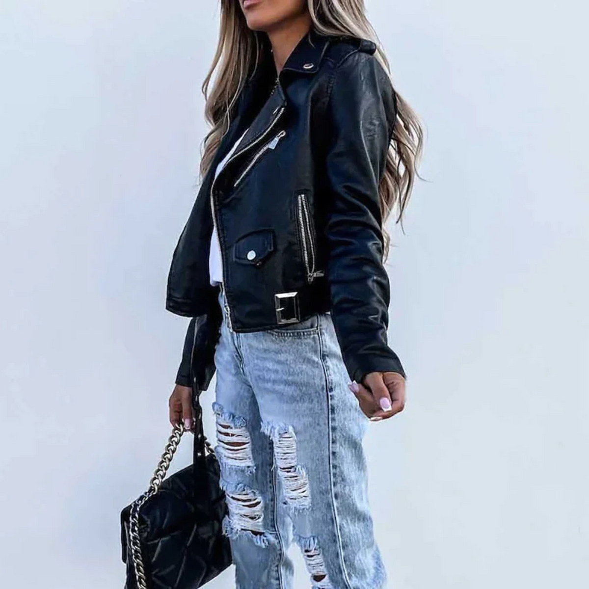 Faux Leather Biker Jacket for Women | Asymmetric Zip Belted