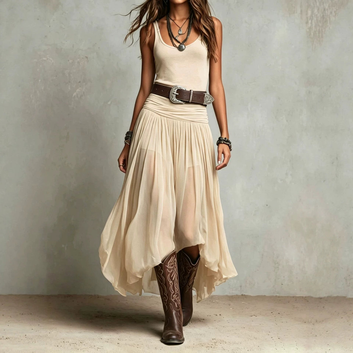 Oriel | Boho Ruched Waist Midi Dress with Asymmetric Hem
