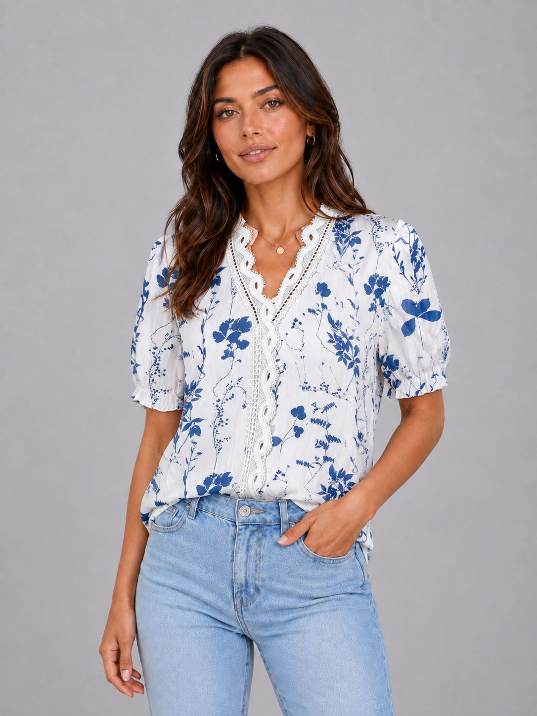 Elena | Blue Floral Lace-Trim Summer Blouse