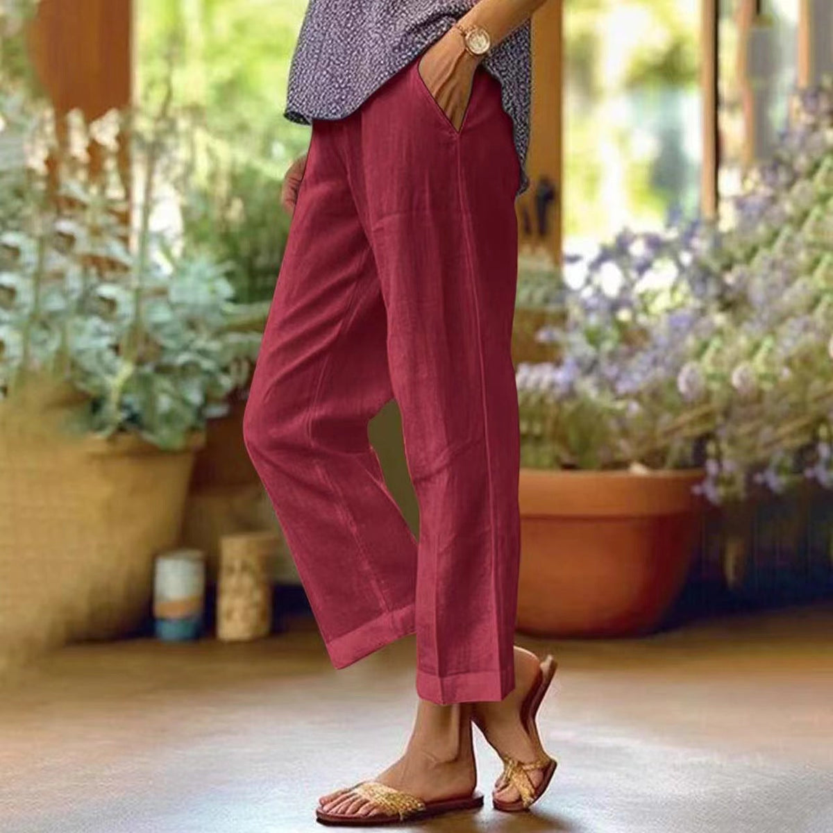 Elsie | Cropped Linen-Style Straight Leg Trousers with Turn-Up Hem