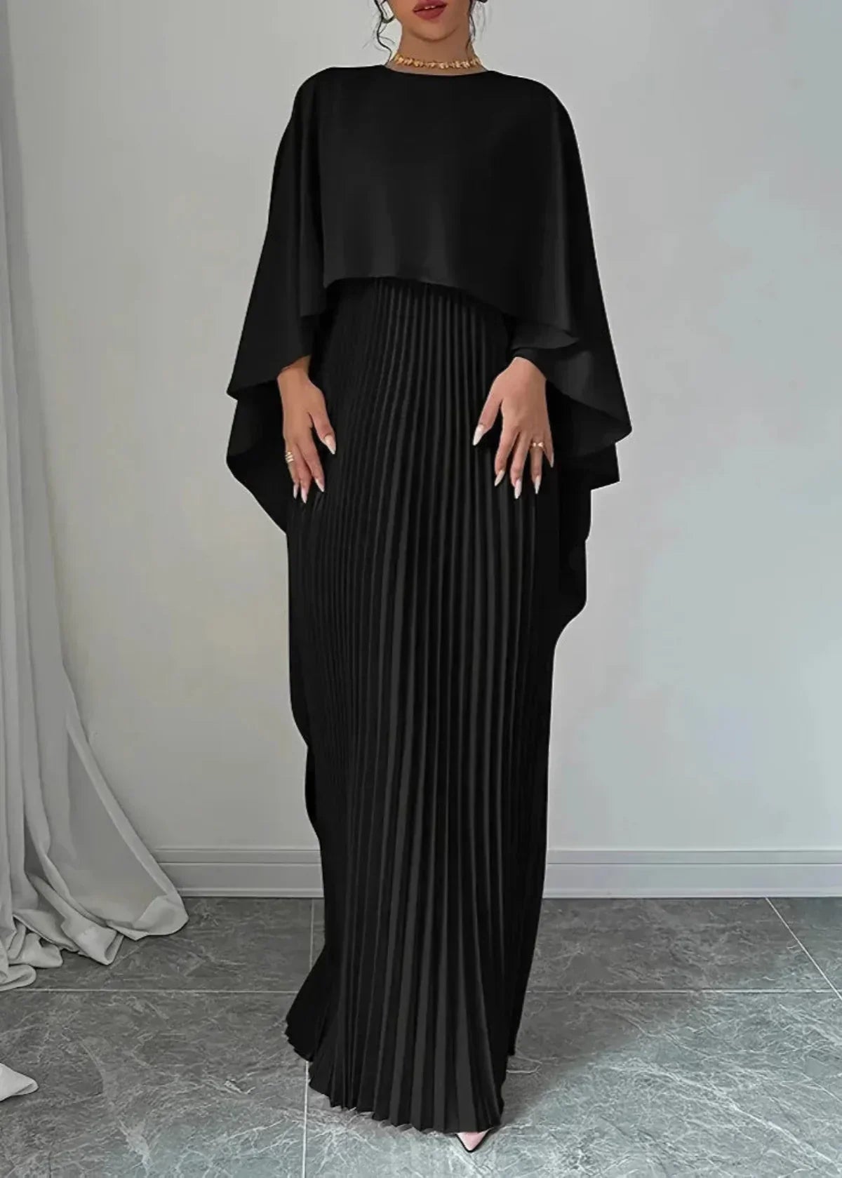 Colette | Cape Sleeve Pleated Maxi Dress with Round Neck