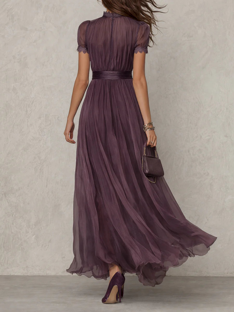 Gwendoline | Mauve Chiffon Maxi Dress with Lace Trim and Satin Belt