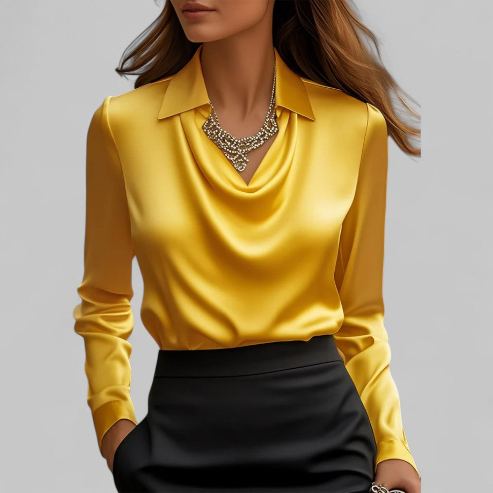 Briony | Satin Blouse with Draped Neckline and Classic Collar
