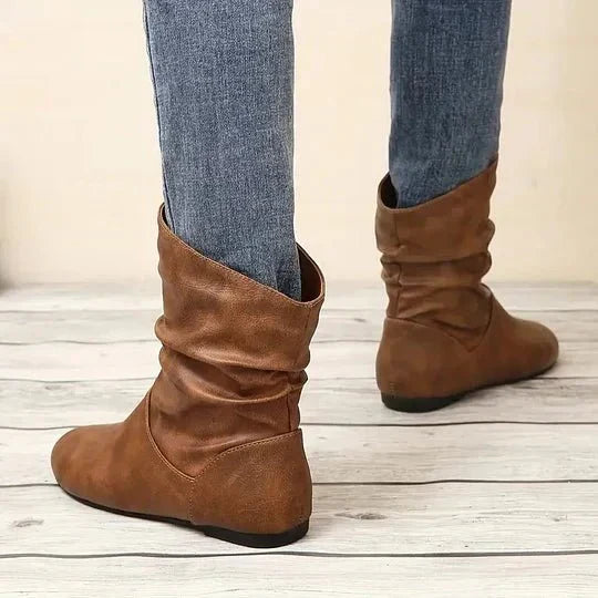 Freya | Flat Leather Ankle Boots with Slouch Detail
