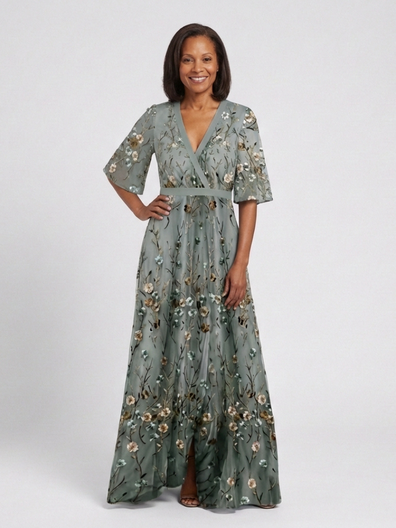 Flavia | Sage Floral Embroidered Maxi Dress with Flutter Sleeves