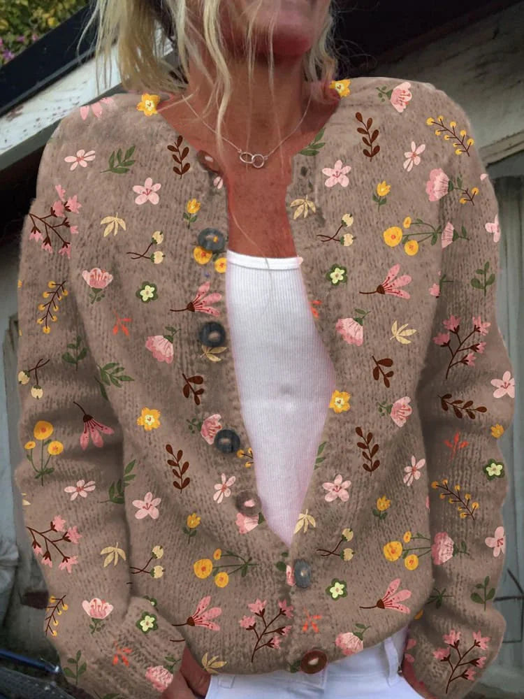 Fionnuala | Floral Print Knit Cardigan with Round Neck
