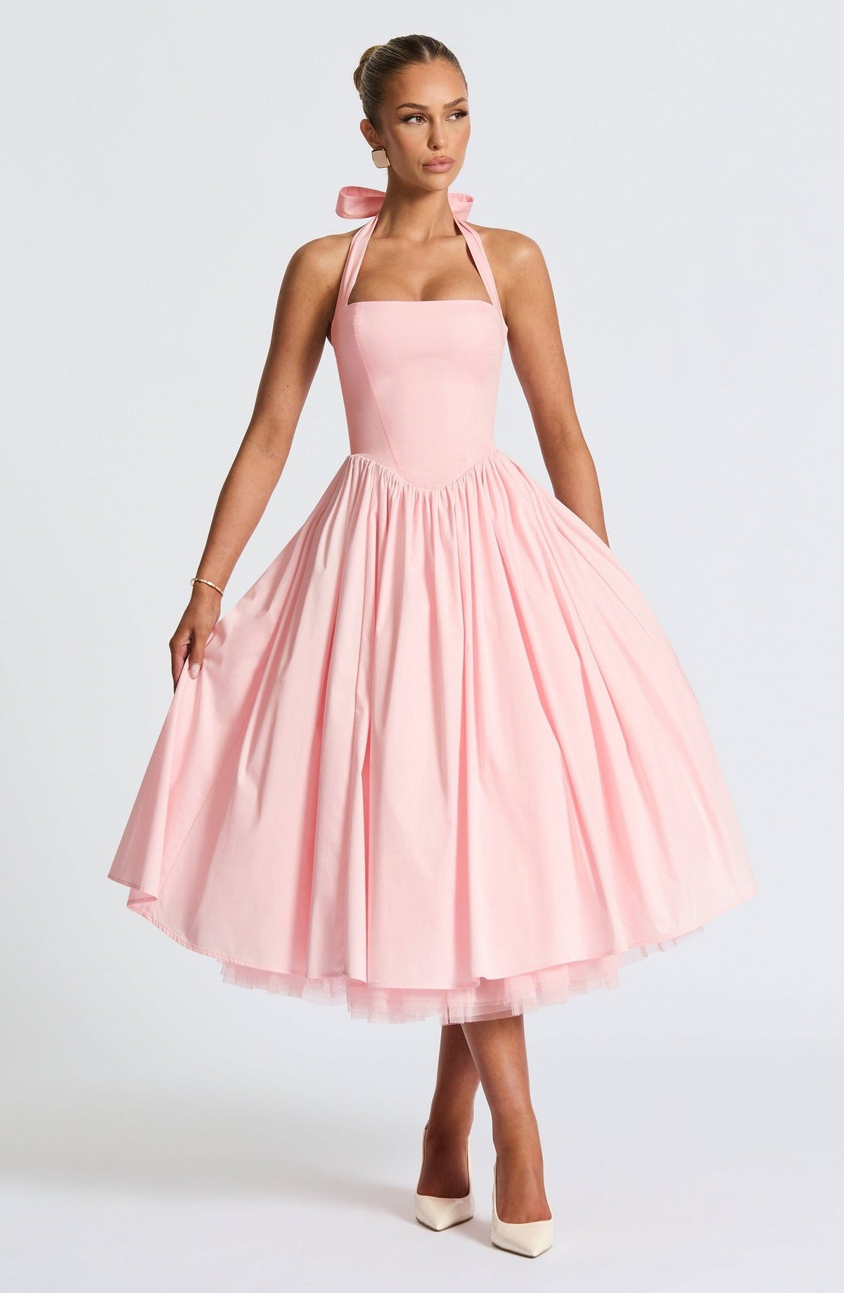Yvette | Halter Neck Square Neck Midi Dress with Tulle Skirt