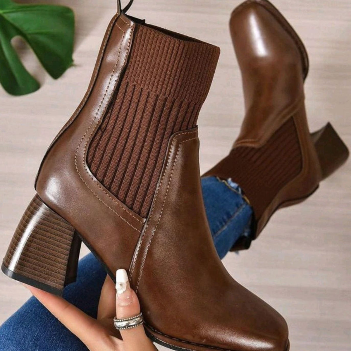 Nadia | Heeled Leather Ankle Boots with Knit Panel and Block Heel