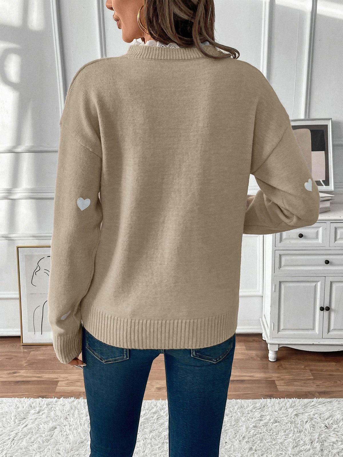 Xenia | Heart Print Knit Jumper with Lace Trim V-Neck