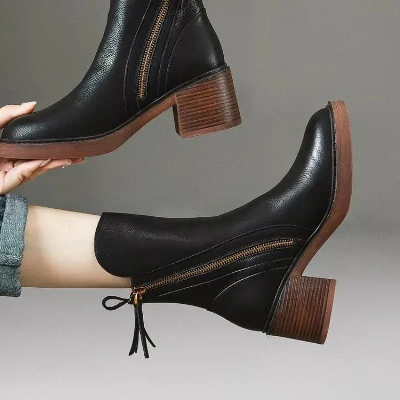 Abigail | Leather Heeled Ankle Boots with Block Heel and Tassel Zip