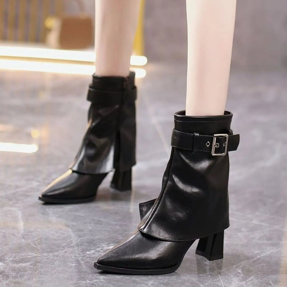 Winifred | Leather Heeled Ankle Boots with Buckle Strap and Pointed Toe