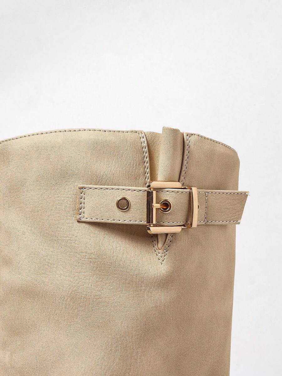 Bethany | Leather Knee High Boots with Double Buckle and Block Heel