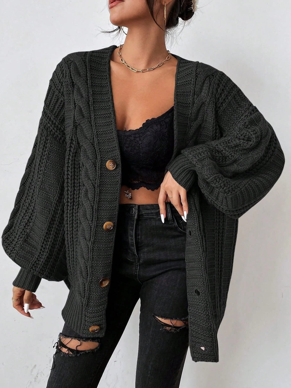 Noelene | Oversized Chunky Cable Knit Cardigan with Balloon Sleeves