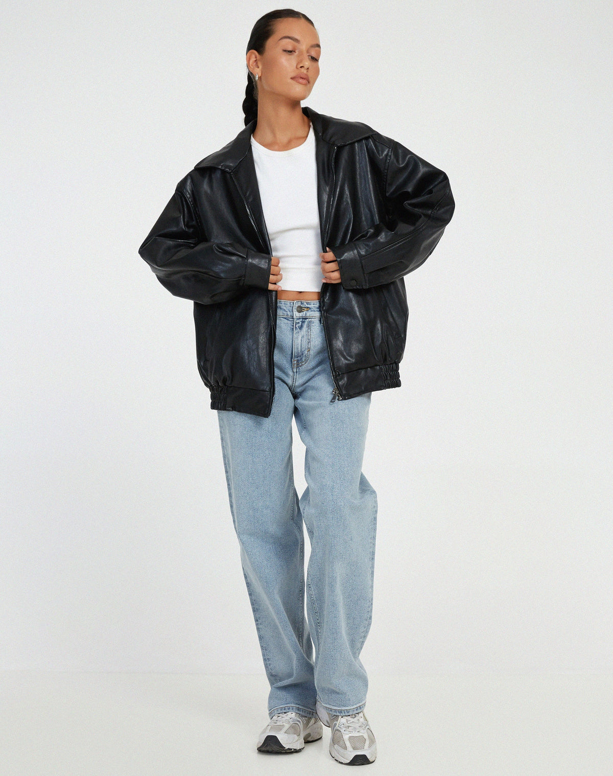 Faux Leather Bomber Jacket for Women | Oversized Zip-Front Elasticated Hem