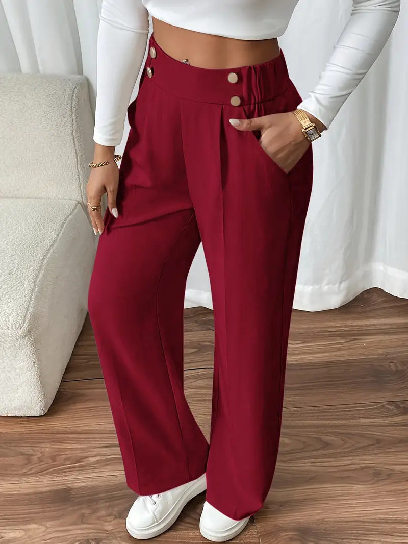 Dee | High Waist Wide Leg Trousers with Button Waistband