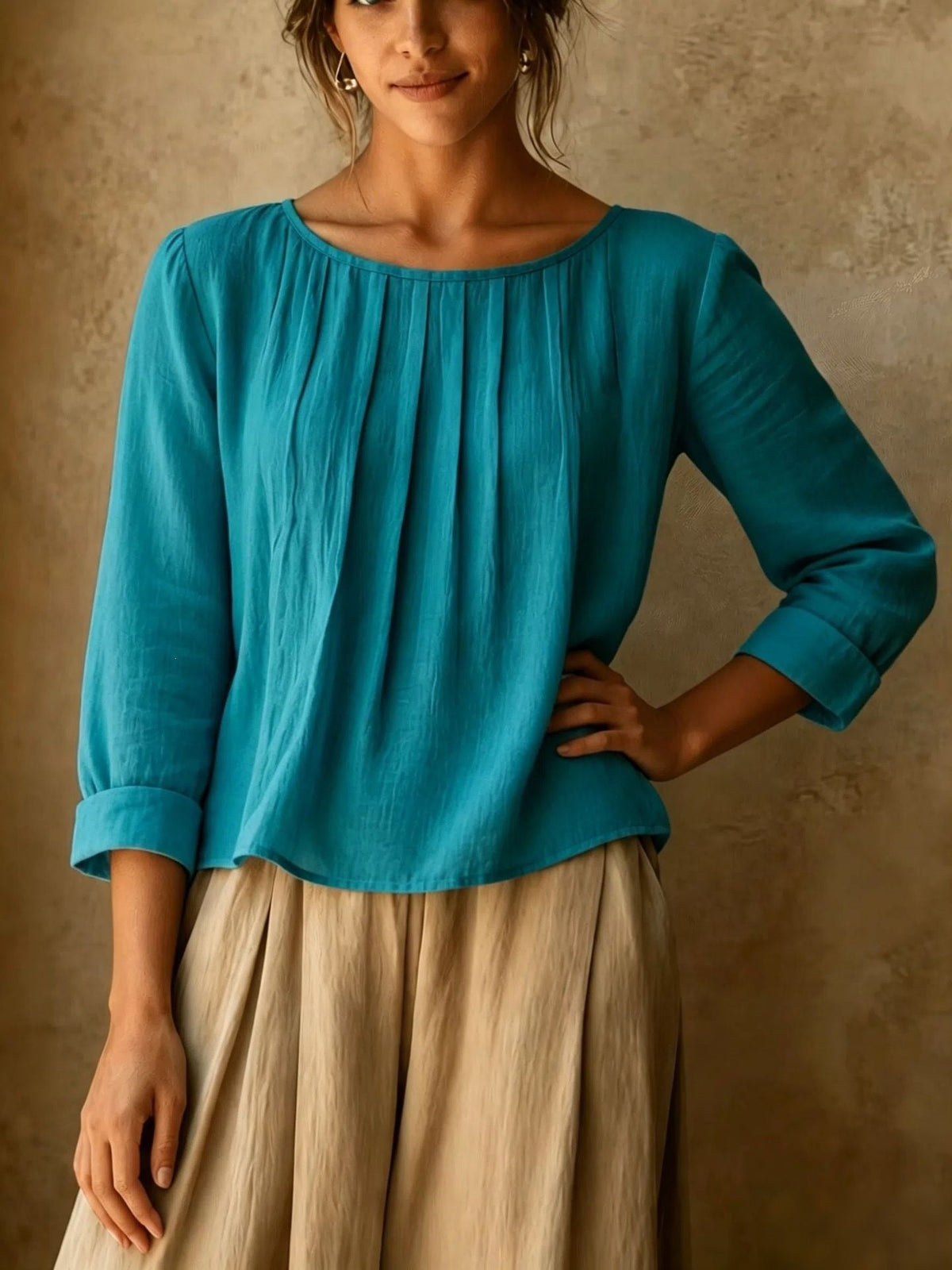 Henriette | Pleated Front Linen-Style Blouse with Three-Quarter Sleeves