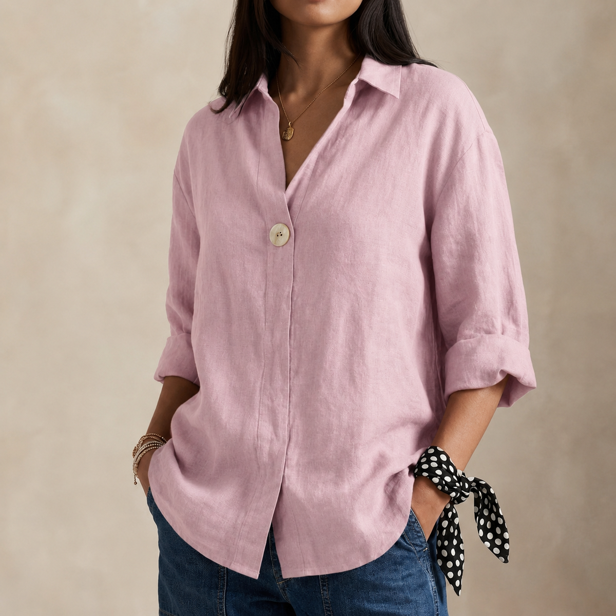 Adelina | Linen-Style V-Neck Blouse with Single Button
