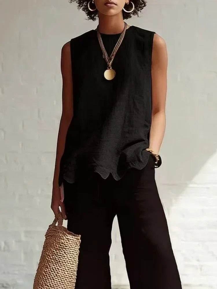 Dorothea | Sleeveless Linen-Style Top with Scallop Hem