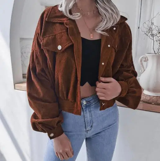 Kayleigh | Retro Cropped Corduroy Jacket with Elasticated Hem and Chest Pockets