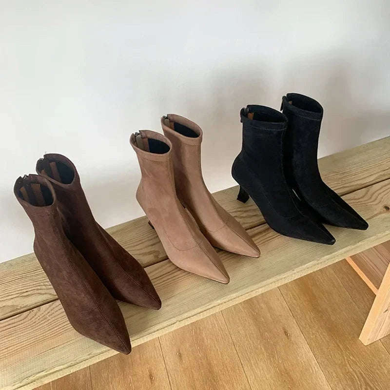 Alba | Pointed Toe Kitten Heel Sock Suede Ankle Boots
