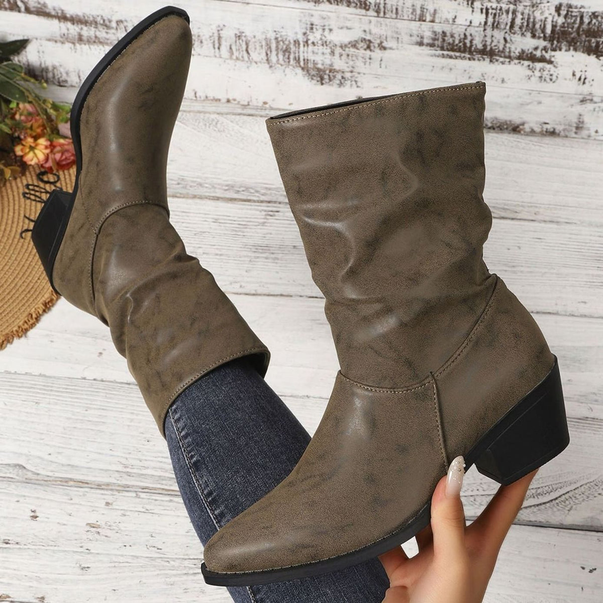 Ottilie | Slouch Leather Ankle Boots with Block Heel and Pointed Toe