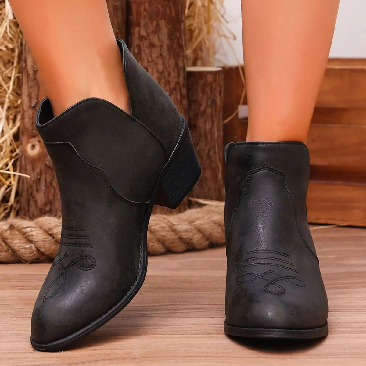 Seraphina | Western Ankle Boots with Block Heel and Stitch Detail