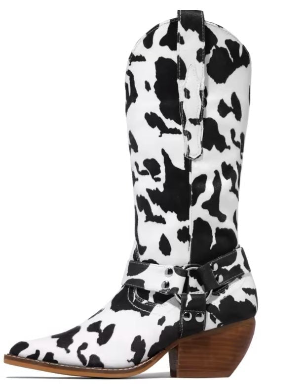 Rowena | Women's Cow-Print Cowboy Boots with Block Heel