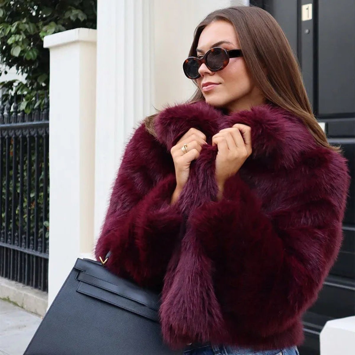 Frances | Burgundy Cropped V-Neck Faux Fur Jacket