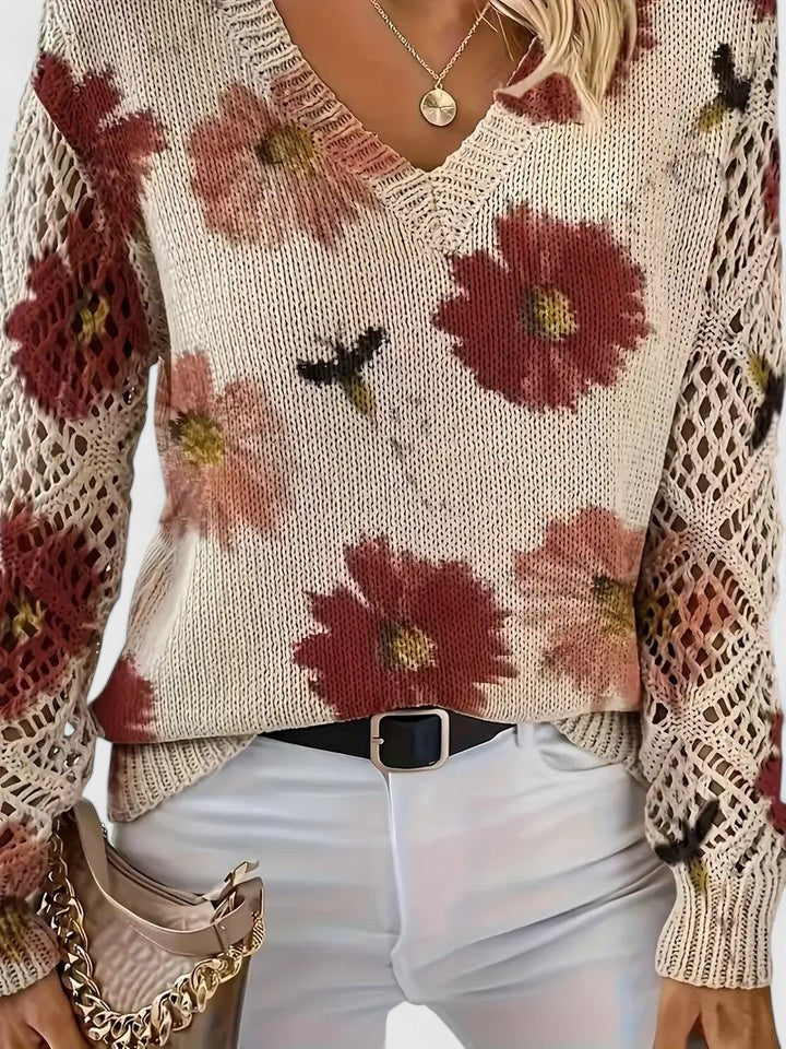 Liza | Floral Knit Lattice Sleeve Winter Cardigan