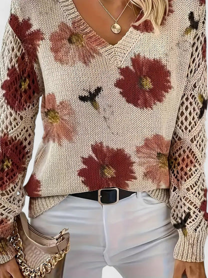 Liza | Floral Knit Lattice Sleeve Winter Cardigan