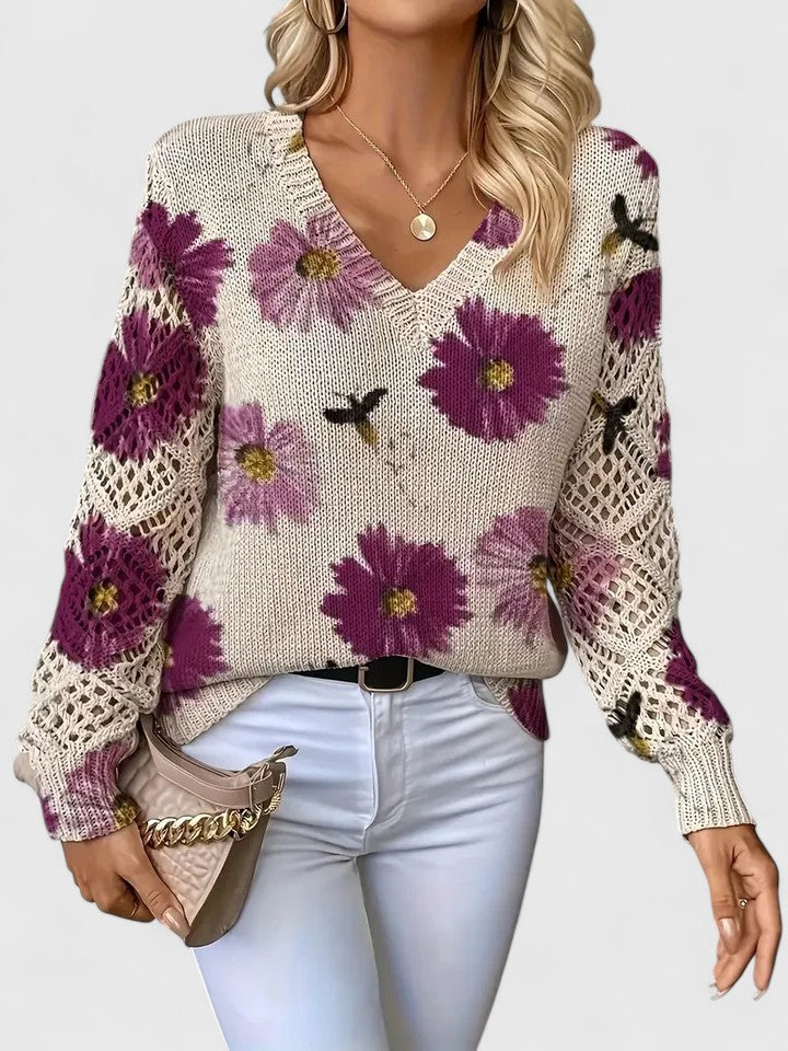 Liza | Floral Knit Lattice Sleeve Winter Cardigan