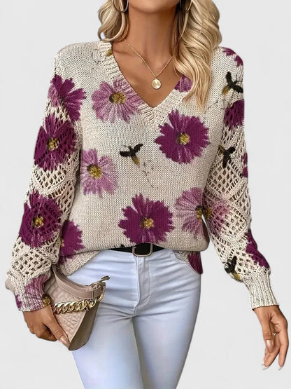 Liza | Floral Knit Lattice Sleeve Winter Cardigan