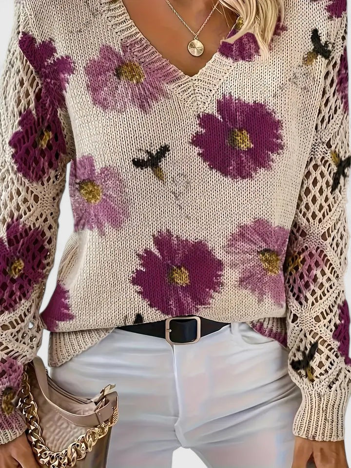 Liza | Floral Knit Lattice Sleeve Winter Cardigan
