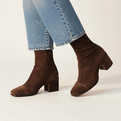 Rachel | Suede Square Toe Block Heel Ankle Boots