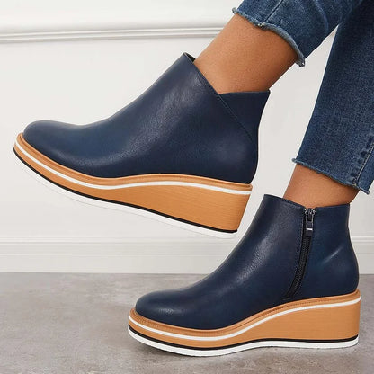 Kelly | Leather Wedge Platform Side Zip Ankle Boots