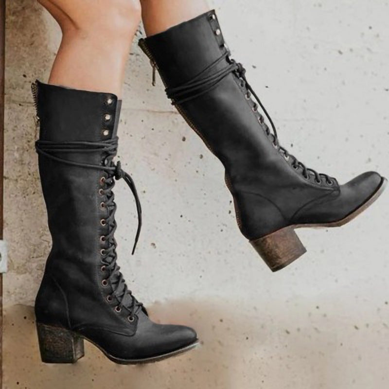 Calder | Lace-Up Leather Knee-High Block Heel Boots