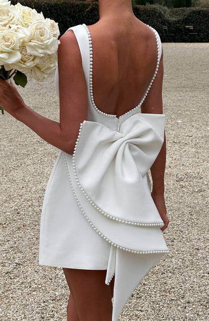 Isla | Wedding Guest A-Line Mini Dress with Pearl Trim