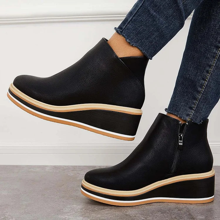 Kelly | Leather Wedge Platform Side Zip Ankle Boots