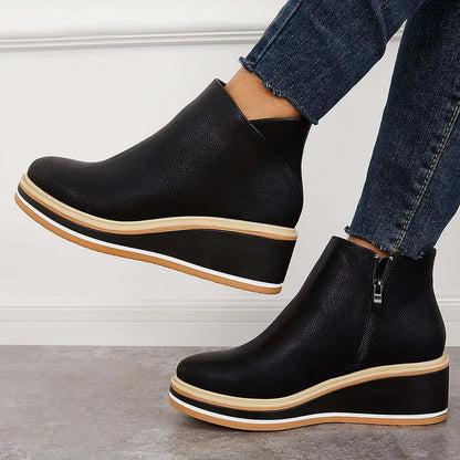 Kelly | Leather Wedge Platform Side Zip Ankle Boots