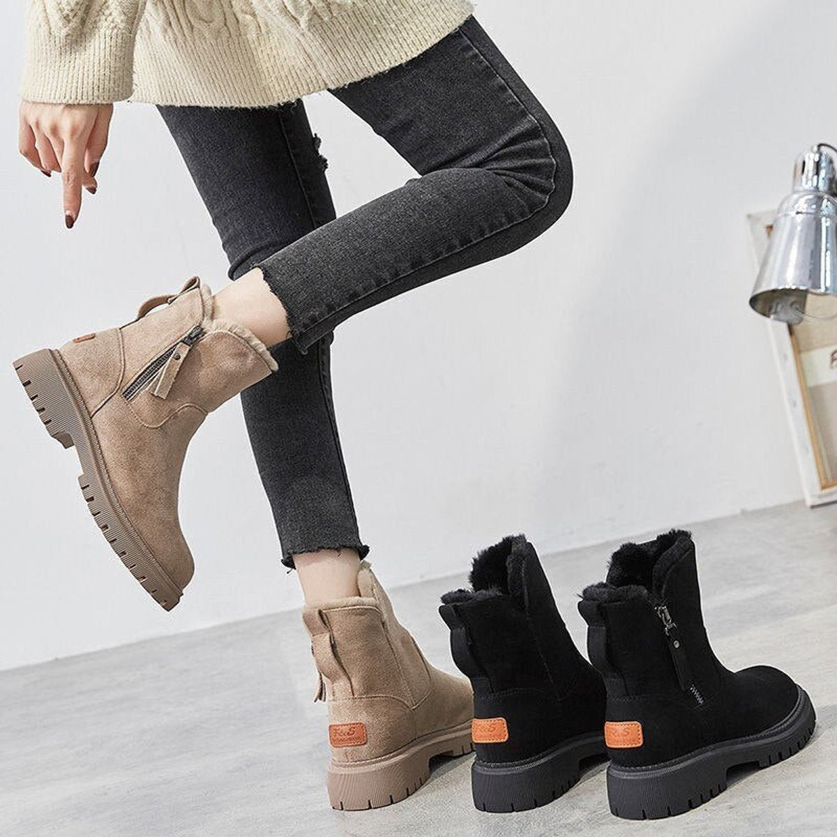 Sadie | Suede Fleece Lined Slip On Winter Ankle Boots