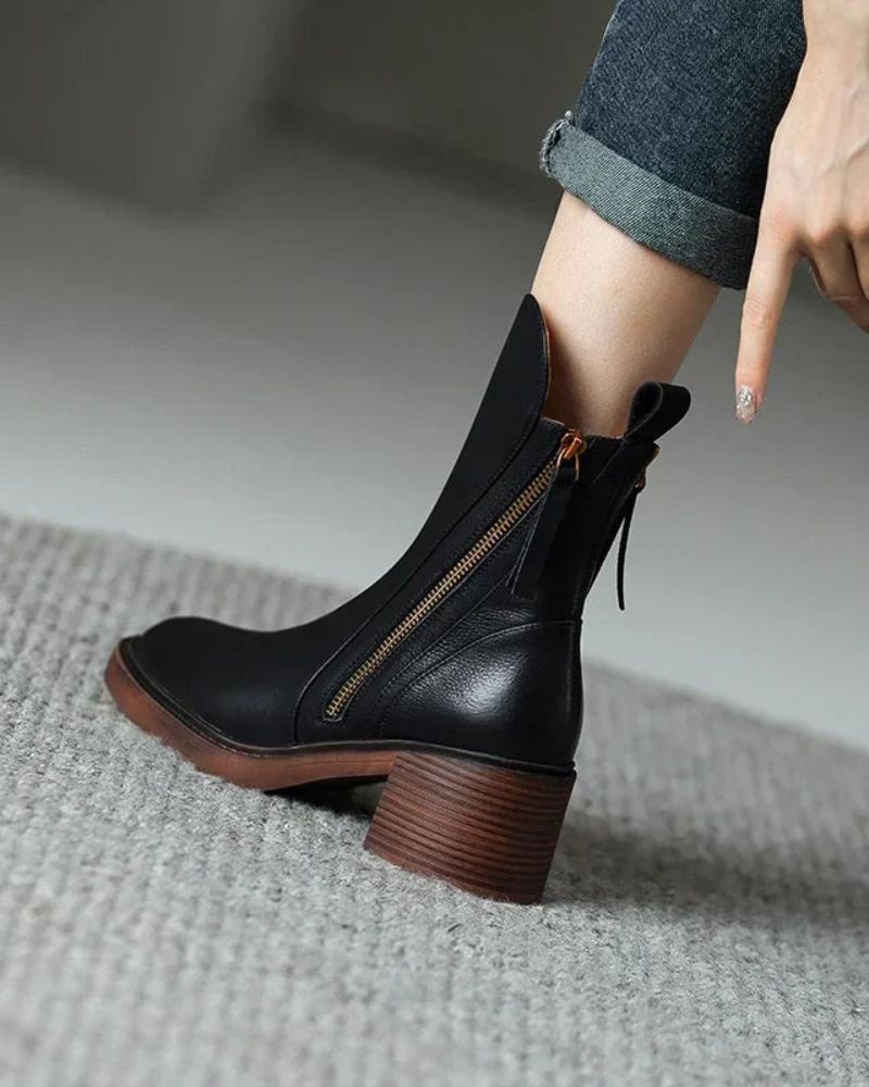 Carmen | Leather Pointed Toe Block Heel Zip Ankle Boots