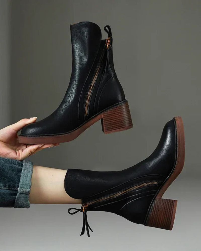Carmen | Leather Pointed Toe Block Heel Zip Ankle Boots