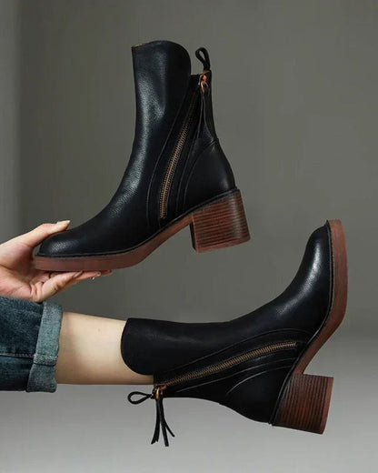 Carmen | Leather Pointed Toe Block Heel Zip Ankle Boots