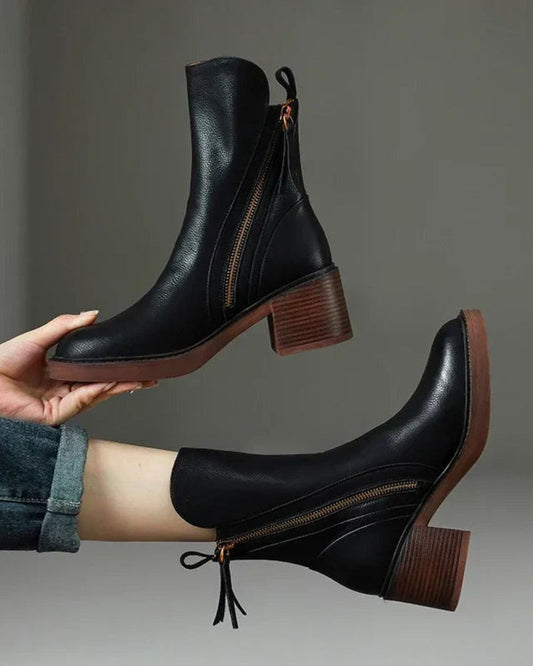Carmen | Leather Pointed Toe Block Heel Zip Ankle Boots