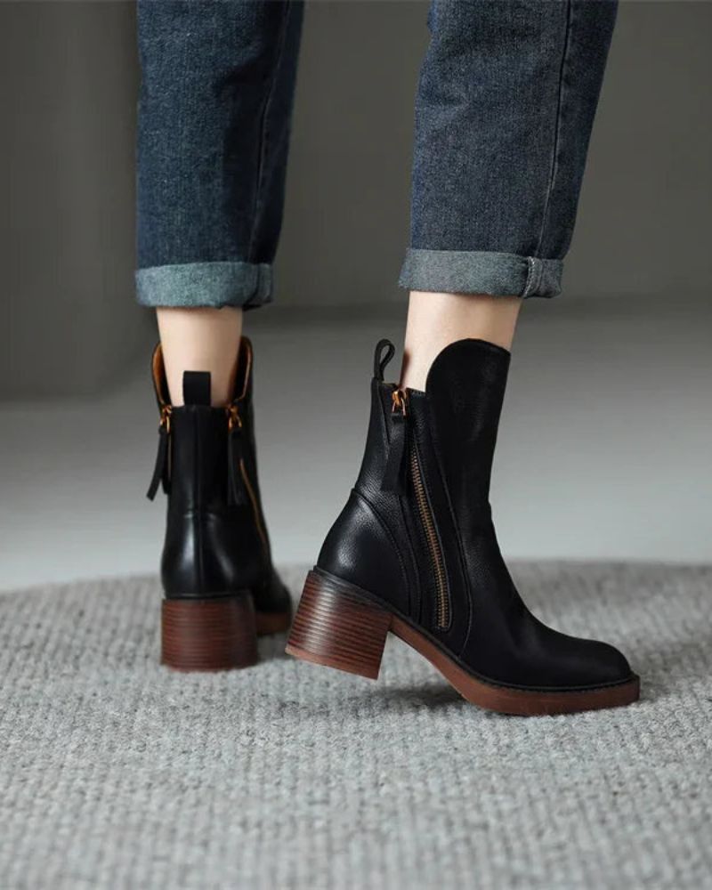 Carmen | Leather Pointed Toe Block Heel Zip Ankle Boots
