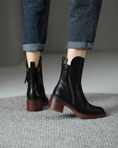Carmen | Leather Pointed Toe Block Heel Zip Ankle Boots