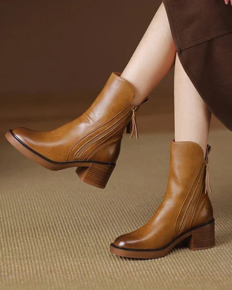 Carmen | Leather Pointed Toe Block Heel Zip Ankle Boots