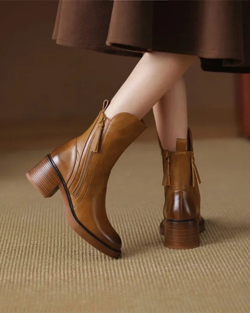 Carmen | Leather Pointed Toe Block Heel Zip Ankle Boots