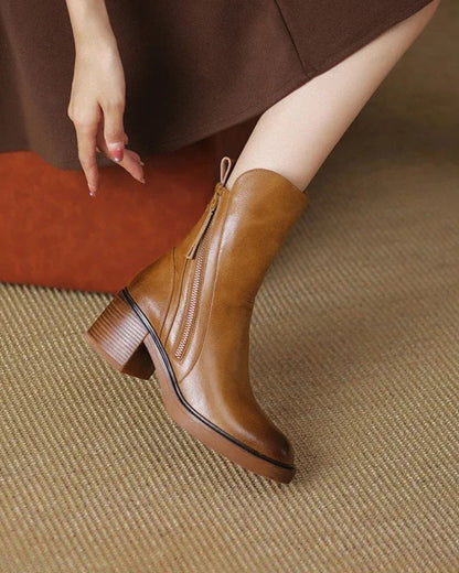 Carmen | Leather Pointed Toe Block Heel Zip Ankle Boots